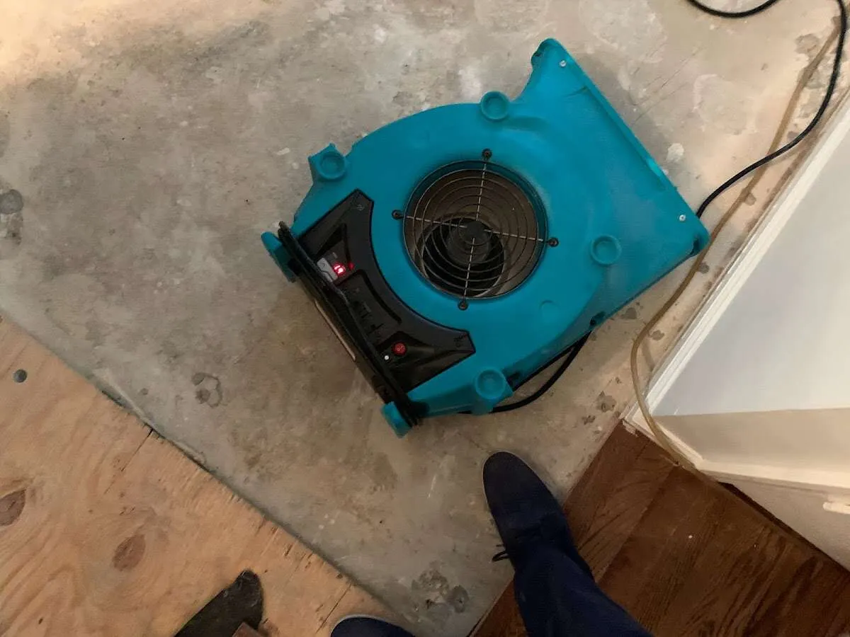 Air mover drying subfloor during Commercial Water Damage Restoration in San Carlos